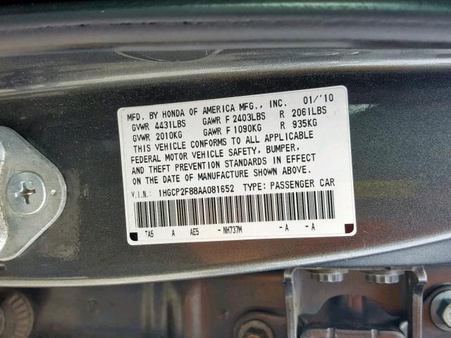 1HGCP2F88AA081652 - 2010 HONDA ACCORD EXL GRAY photo 10