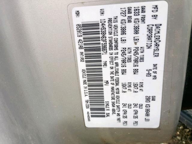 1D4HS38N63F596671 - 2003 DODGE DURANGO SP GRAY photo 10