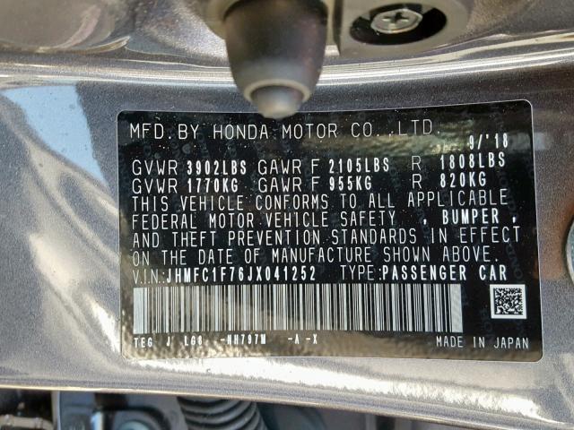 JHMFC1F76JX041252 - 2018 HONDA CIVIC EXL 石墨色 照片 10