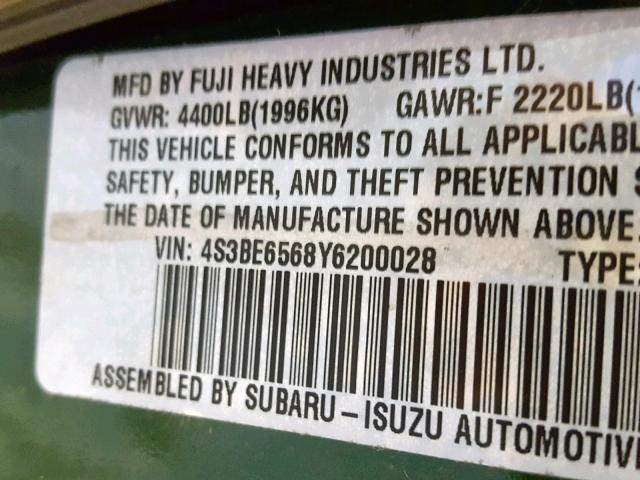 4S3BE6568Y6200028 - 2000 SUBARU LEGACY GT GREEN photo 10