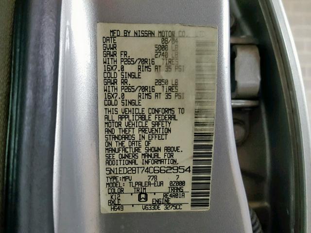 5N1ED28T74C662954 - 2004 NISSAN XTERRA XE SILVER photo 10