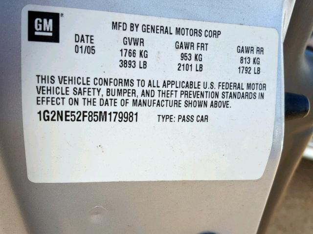 1G2NE52F85M179981 - 2005 PONTIAC GRAND AM S SILVER photo 10