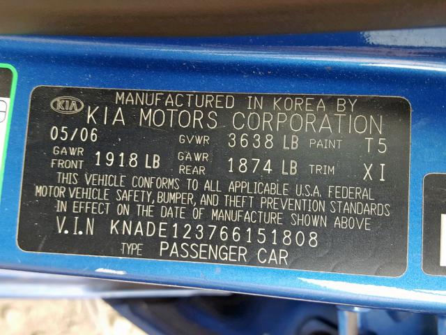 KNADE123766151808 - 2006 KIA RIO BLUE photo 10