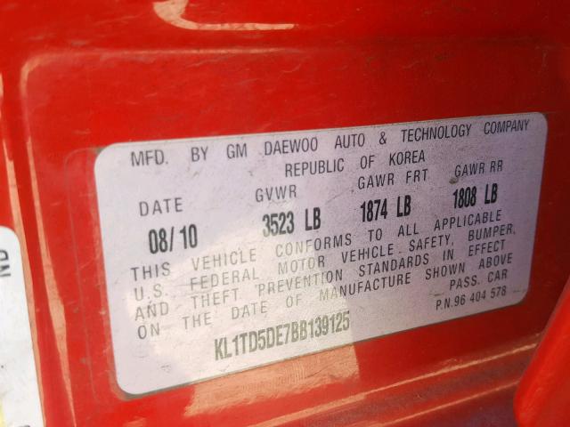 KL1TD5DE7BB139125 - 2011 CHEVROLET AVEO LS RED photo 10