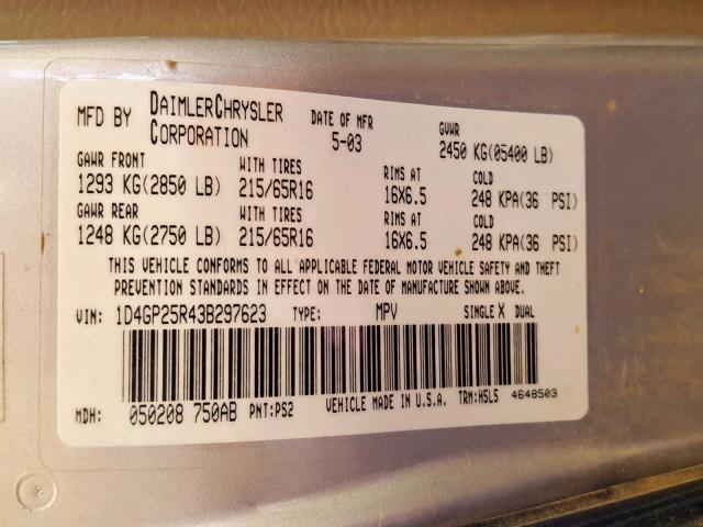 1D4GP25R43B297623 - 2003 DODGE CARAVAN SE SILVER photo 10