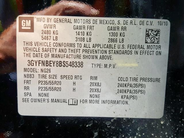 3GYFNBEY8BS548338 - 2011 CADILLAC SRX PERFOR BLACK photo 10