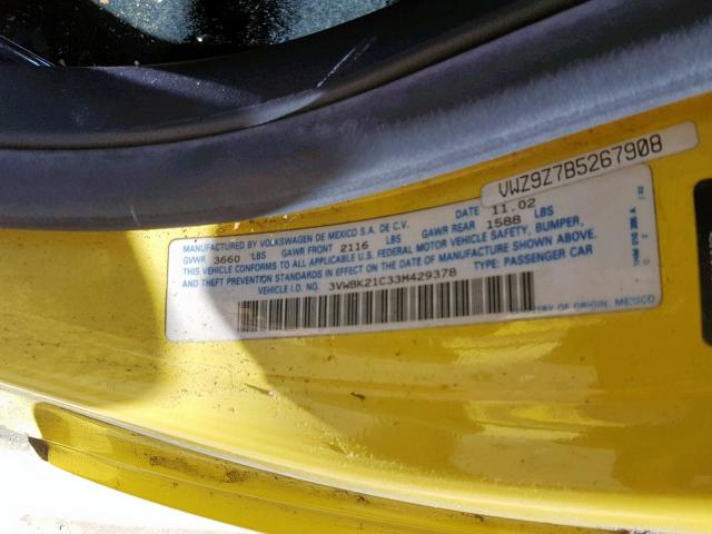 3VWBK21C33M429378 - 2003 VOLKSWAGEN NEW BEETLE Sarı foto 10
