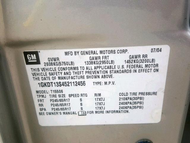 1GKDT13S452112456 - 2005 GMC ENVOY SILVER photo 10