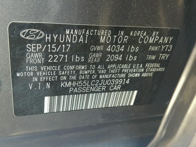 KMHH55LC2JU039914 - 2018 HYUNDAI ELANTRA GT GRAY photo 10