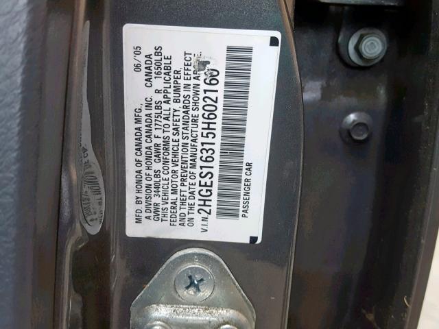 2HGES16315H602160 - 2005 HONDA CIVIC DX V GRAY photo 10