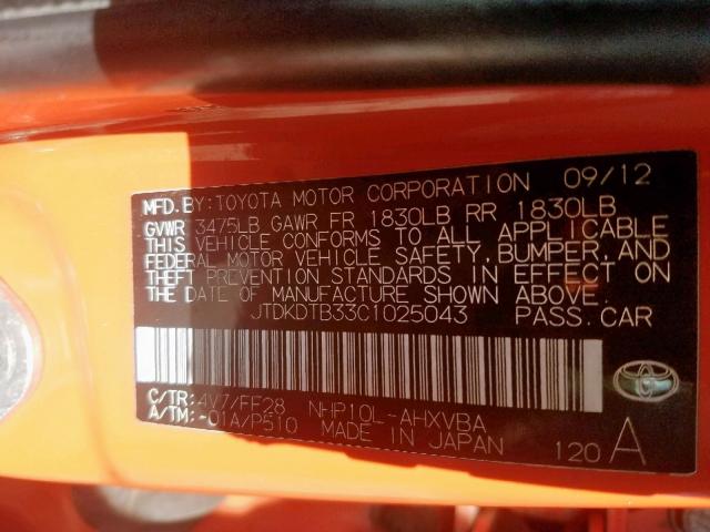 JTDKDTB33C1025043 - 2012 TOYOTA PRIUS C ORANGE photo 10