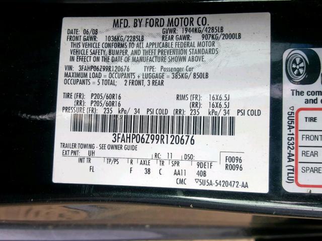 3FAHP06Z99R120676 - 2009 FORD FUSION S BLACK photo 10