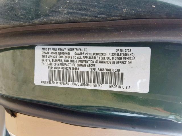 4S3BH665227648988 - 2002 SUBARU LEGACY OUT GREEN photo 10