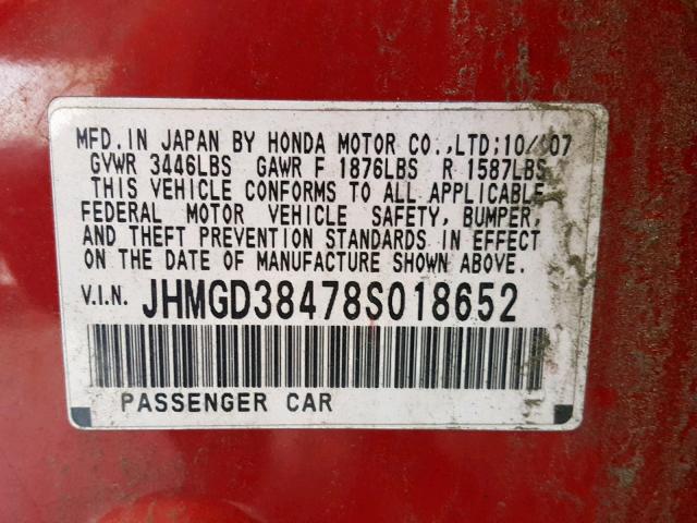 JHMGD38478S018652 - 2008 HONDA FIT RED photo 10