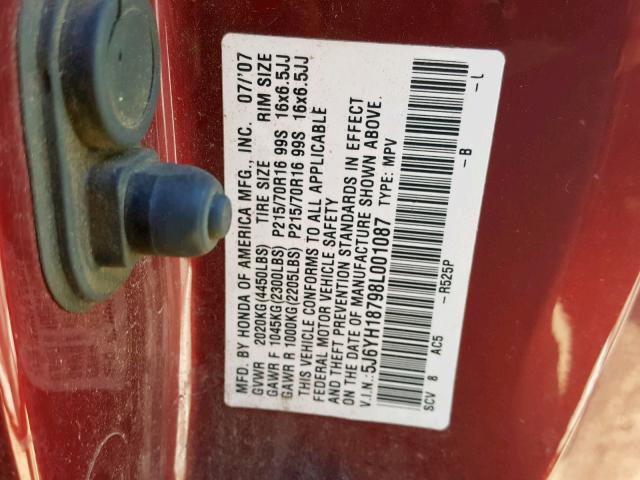 5J6YH18798L001087 - 2008 HONDA ELEMENT EX RED photo 10