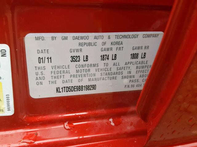 KL1TD5DE9BB198290 - 2011 CHEVROLET AVEO LS RED photo 10