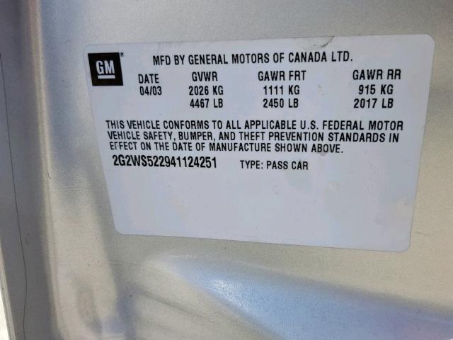 2G2WS522941124251 - 2004 PONTIAC GRAND PRIX SILVER photo 10