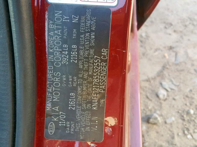 KNAFE121785532557 - 2008 KIA SPECTRA EX RED photo 10