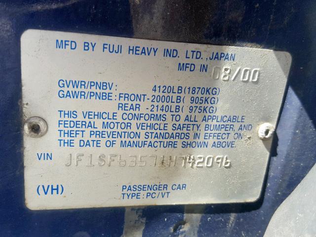 JF1SF63571H742096 - 2001 SUBARU FORESTER L BLUE photo 10