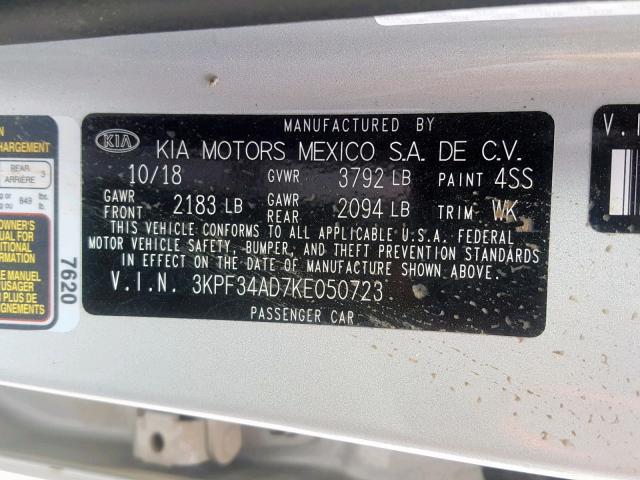 3KPF34AD7KE050723 - 2019 KIA FORTE GT L SILVER photo 10