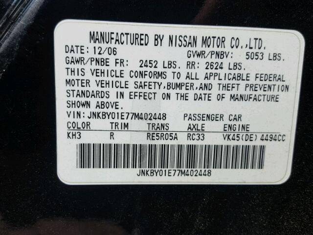 JNKBY01E77M402448 - 2007 INFINITI M45 BASE BLACK photo 10