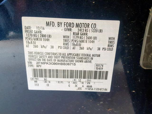 2FMPK3G90HBB36715 - 2017 FORD EDGE SE BLUE photo 10