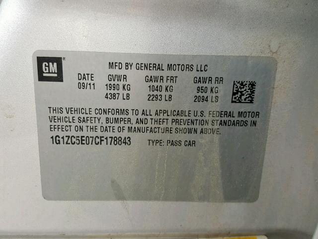 1G1ZC5E07CF178843 - 2012 CHEVROLET MALIBU 1LT SILVER photo 10