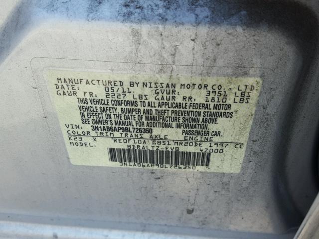 3N1AB6AP9BL726350 - 2011 NISSAN SENTRA 2.0 SILVER photo 10