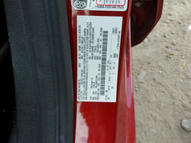 3FADP4BJ1GM176000 - 2016 FORD FIESTA SE RED photo 10