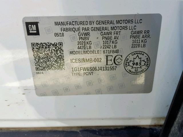 1G1FW6S06J4131557 - 2018 CHEVROLET BOLT EV LT WHITE photo 10