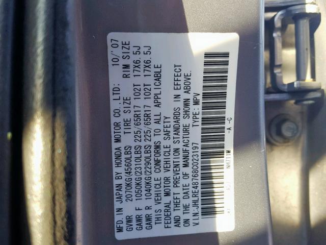 JHLRE48768C023197 - 2008 HONDA CR-V EXL GRAY photo 10