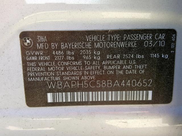 WBAPH5C58BA440652 - 2011 BMW 328 I SULE SILVER photo 10