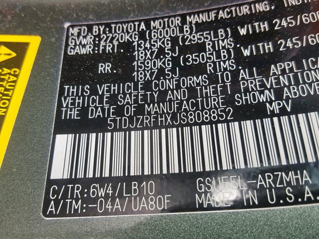 5TDJZRFHXJS808852 - 2018 TOYOTA HIGHLANDER GREEN photo 10