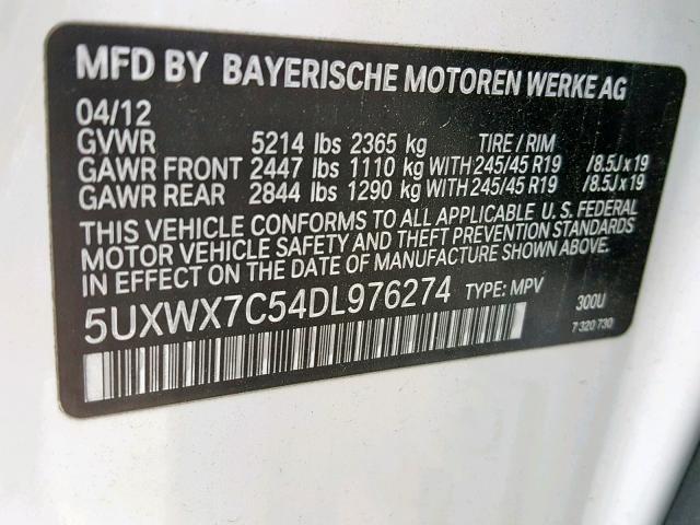 5UXWX7C54DL976274 - 2013 BMW X3 XDRIVE3 WHITE photo 10