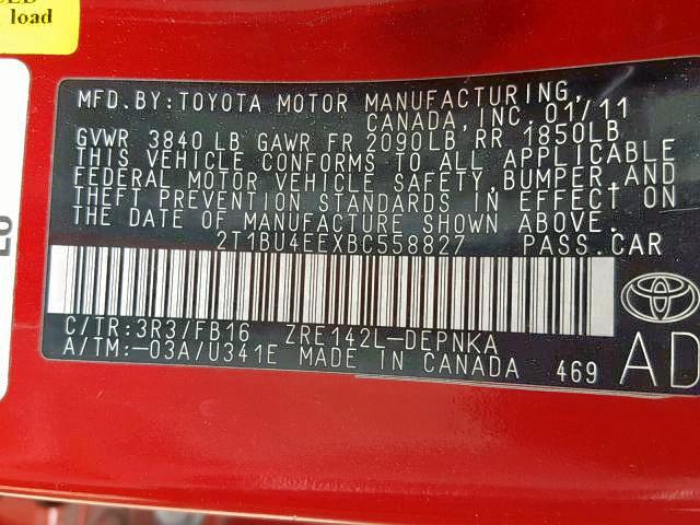 2T1BU4EEXBC558827 - 2011 TOYOTA COROLLA BA RED photo 10