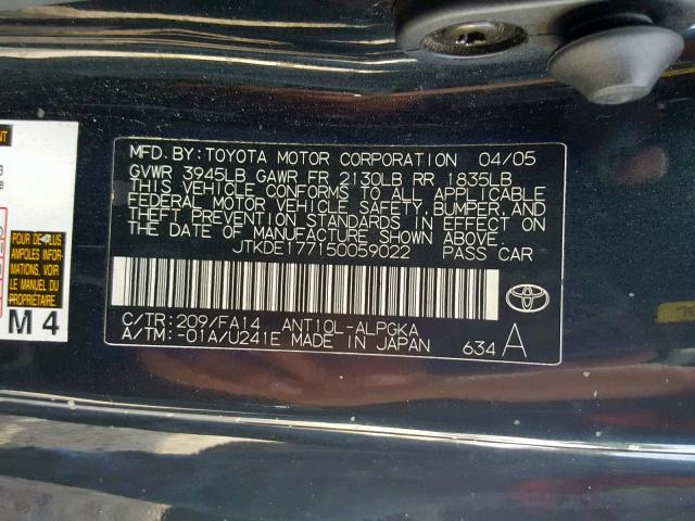 JTKDE177150059022 - 2005 TOYOTA SCION TC შავი ფოტო 10