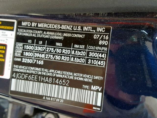 4JGDF6EE1HA814652 - 2017 MERCEDES-BENZ GLS 450 4M BLUE photo 10