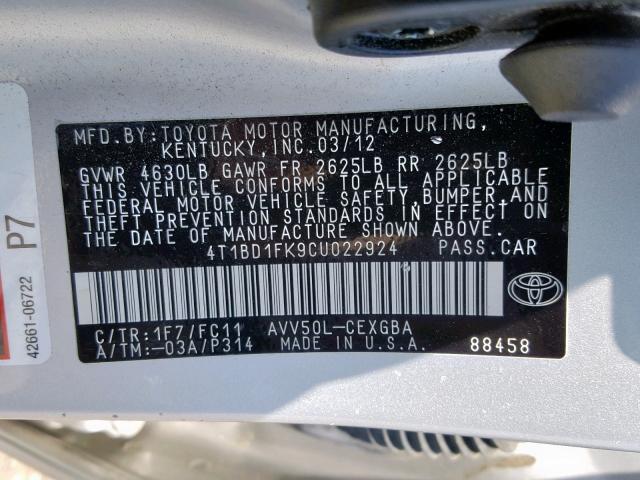 4T1BD1FK9CU022924 - 2012 TOYOTA CAMRY HYBR SILVER photo 10