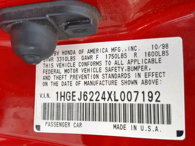 1HGEJ6224XL007192 - 1999 HONDA CIVIC DX RED photo 10