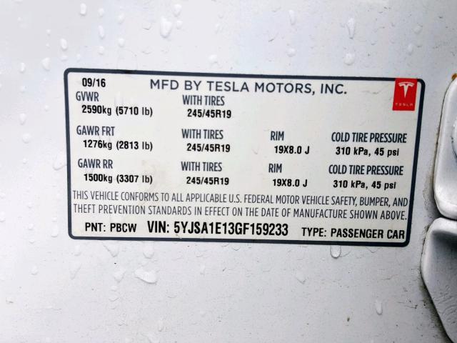 5YJSA1E13GF159233 - 2016 TESLA MODEL S WHITE photo 10