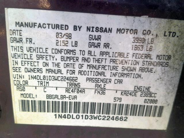 1N4DL01D3WC224662 - 1998 NISSAN ALTIMA XE BURGUNDY photo 10