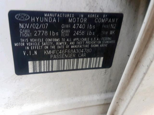 KMHFC46F68A304780 - 2008 HYUNDAI AZERA SE WHITE photo 10