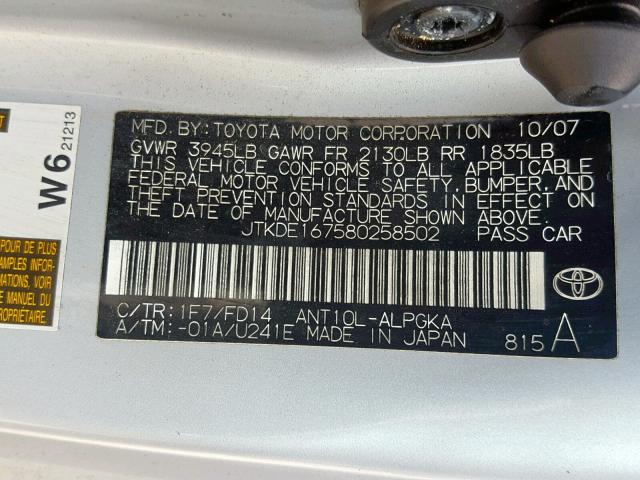 JTKDE167580258502 - 2008 TOYOTA SCION TC ვერცხლისფერი ფოტო 10