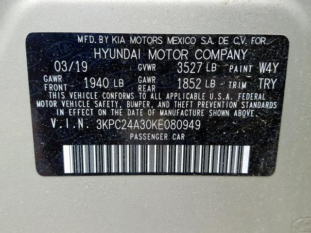 3KPC24A30KE080949 - 2019 HYUNDAI ACCENT SE BEIGE photo 10