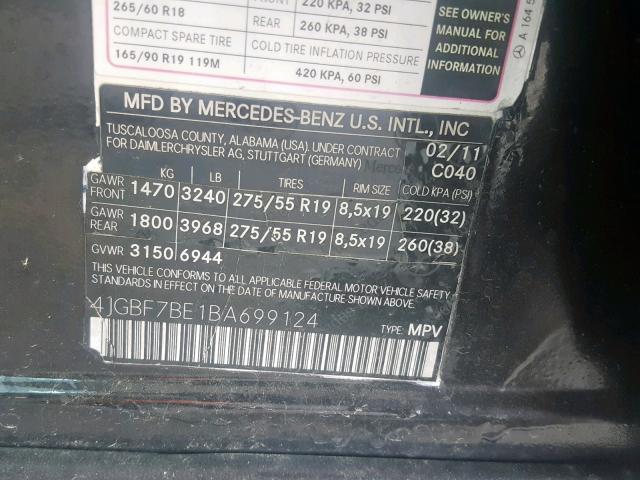 4JGBF7BE1BA699124 - 2011 MERCEDES-BENZ GL 450 4MA BLACK photo 10