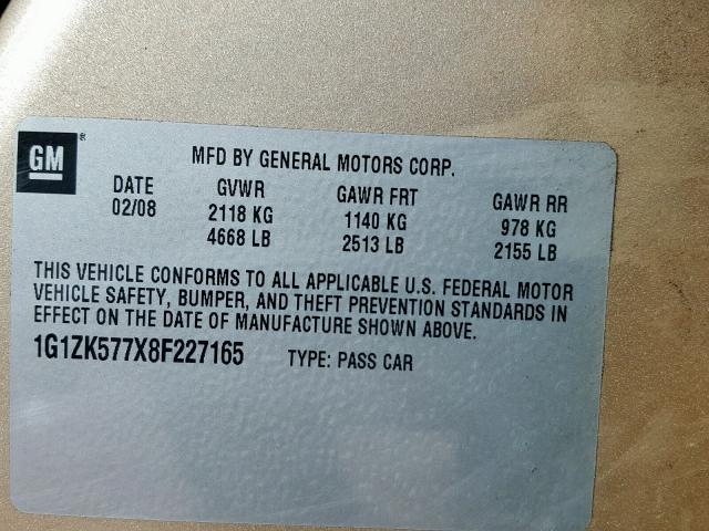 1G1ZK577X8F227165 - 2008 CHEVROLET MALIBU LTZ ოქროსფერი ფოტო 10