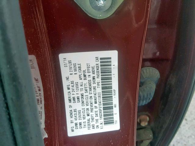 1HGCR6F51EA010600 - 2014 HONDA ACCORD HYB MAROON photo 10