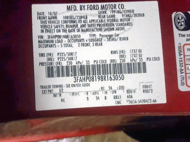3FAHP08198R163050 - 2008 FORD FUSION SEL RED photo 10