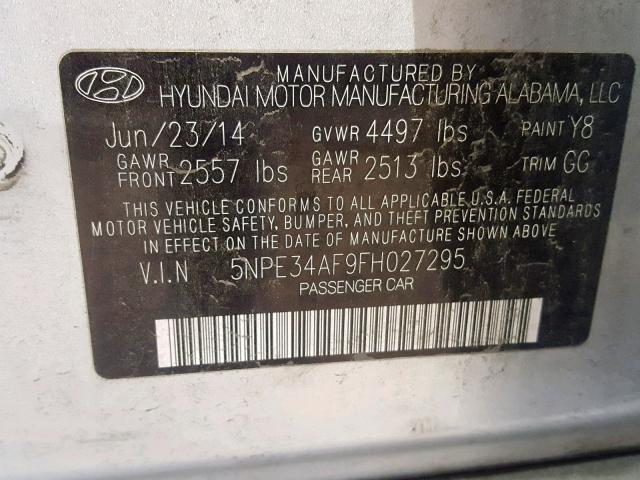 5NPE34AF9FH027295 - 2015 HYUNDAI SONATA SPO SILVER photo 10