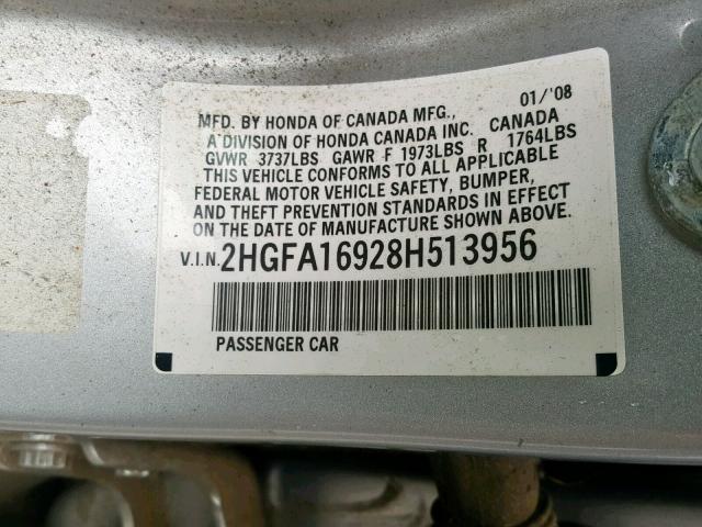 2HGFA16928H513956 - 2008 HONDA CIVIC EXL 银色 照片 10